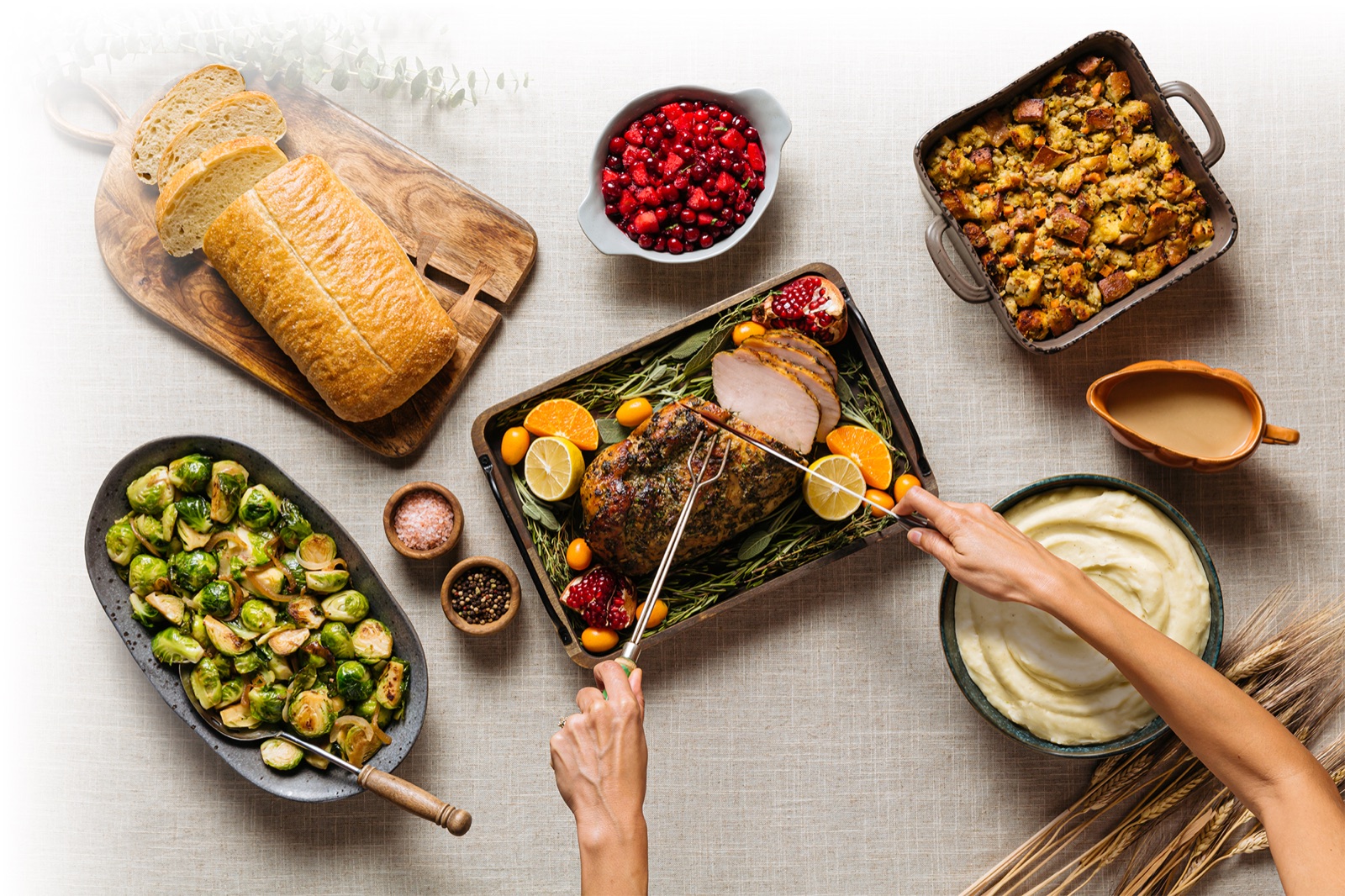 Herb-roasted turkey breast with mushroom stuffing, cranberry relish and artisan bread