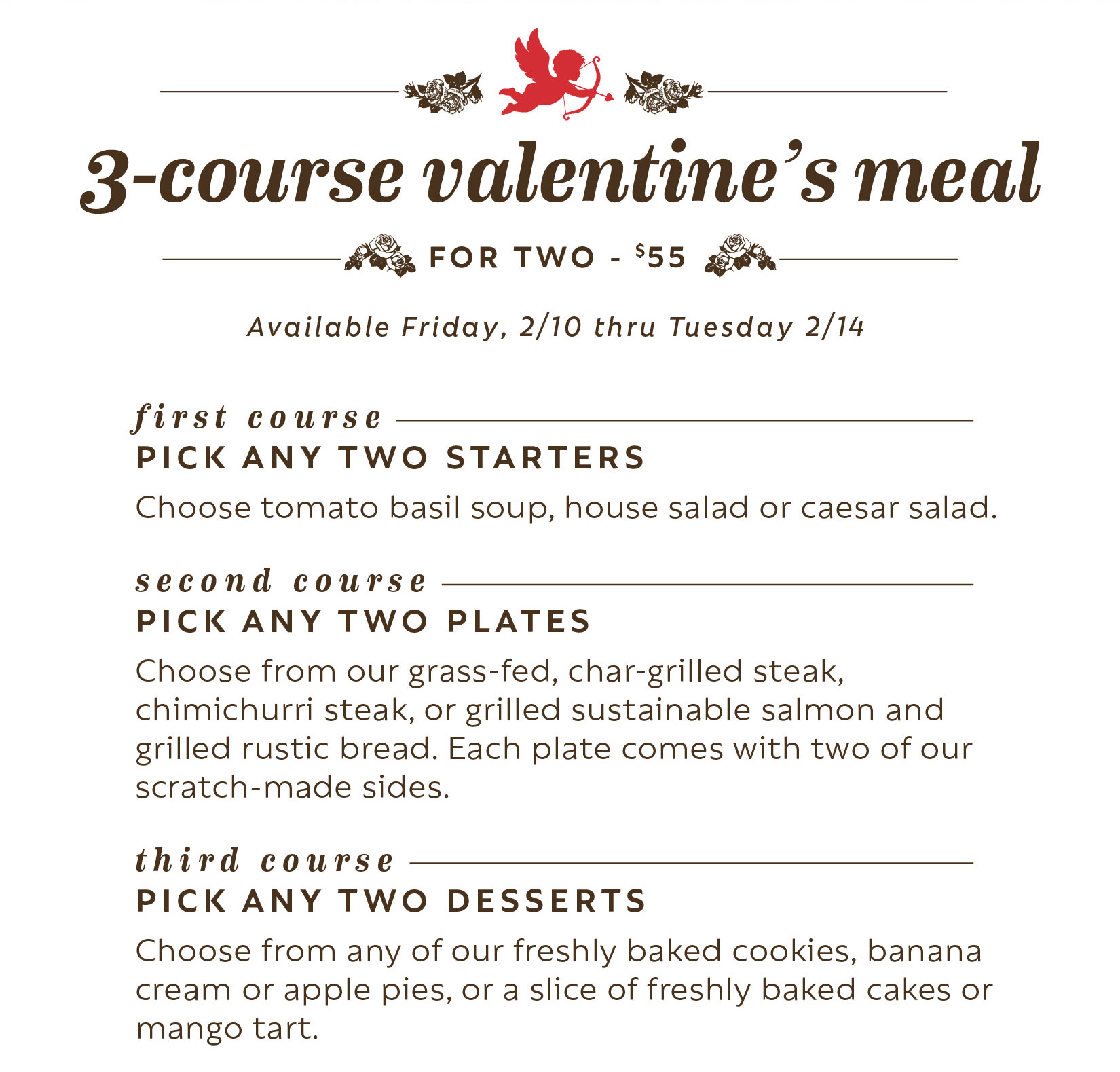 3-course valentine's meal $55 - serves 2